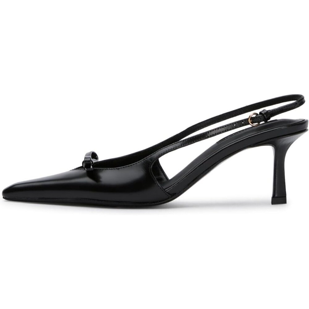 🆕Slingback Heel Women Bow Pointed Toe Kitten Heel Pump Black Synthetic Stiletto